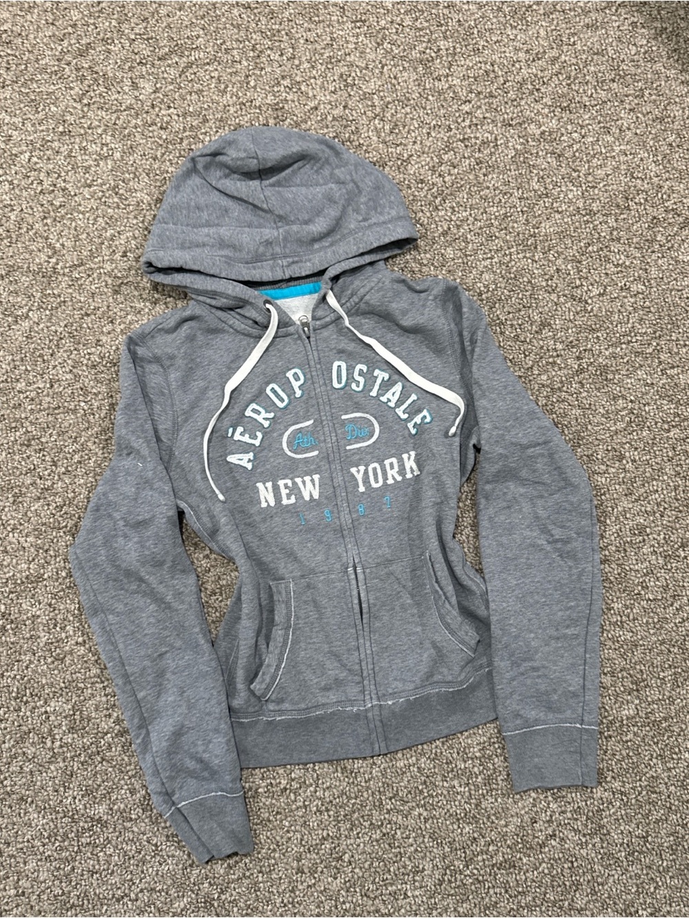 Aeropostale Gray Hooded Zip Jacket with White Drawstrings
